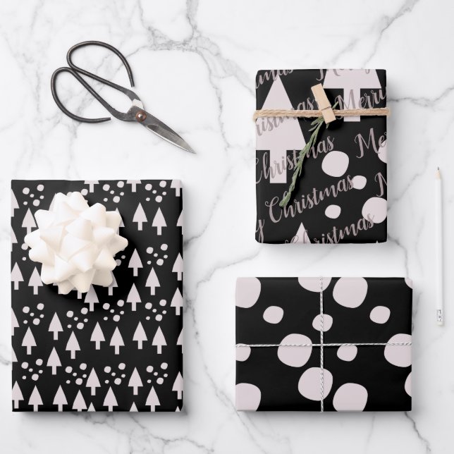 Frohe Weihnachtsschneebälle Bäume Schwarz Pink Mus Geschenkpapier Set (Vorderseite)