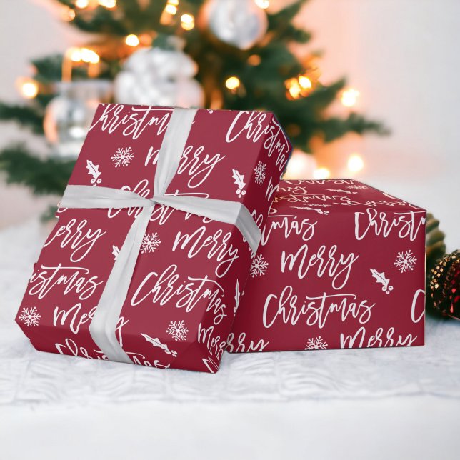 Frohe Weihnachtsschneeflocke mistletores rotes Mus Geschenkpapier (Merry Christmas snowflake mistletoe red pattern Wrapping Paper)