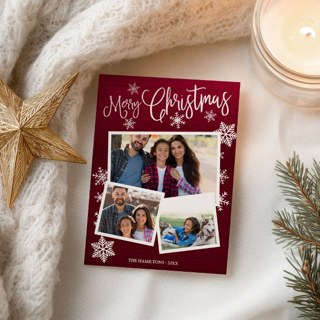 Frohe Weihnachtsschneeflocke Rustikale 3 Fotos Col Postkarte (Von Creator hochgeladen)