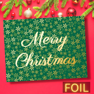 Frohe Weihnachtsschneeflocken elegantes Drehgrün Folien Feiertagspostkarte