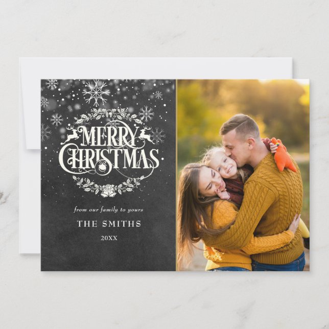 Frohe Weihnachtsschneeflocken Foto Boho Chalkboard Feiertagskarte (Vorderseite)