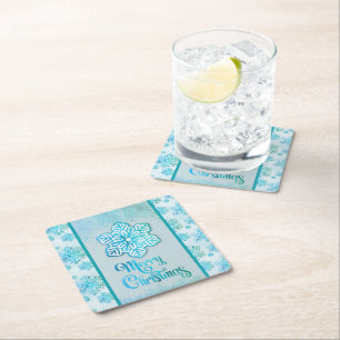 Frohe Weihnachtsschneeflocken Iridescent Blue Rechteckiger Pappuntersetzer