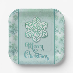Frohe Weihnachtsschneeflocken Iridescent Green Pappteller