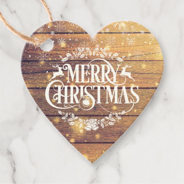 Frohe Weihnachtsschneeflocken Rustikales Holz Geschenkanhänger (Vorderseite)