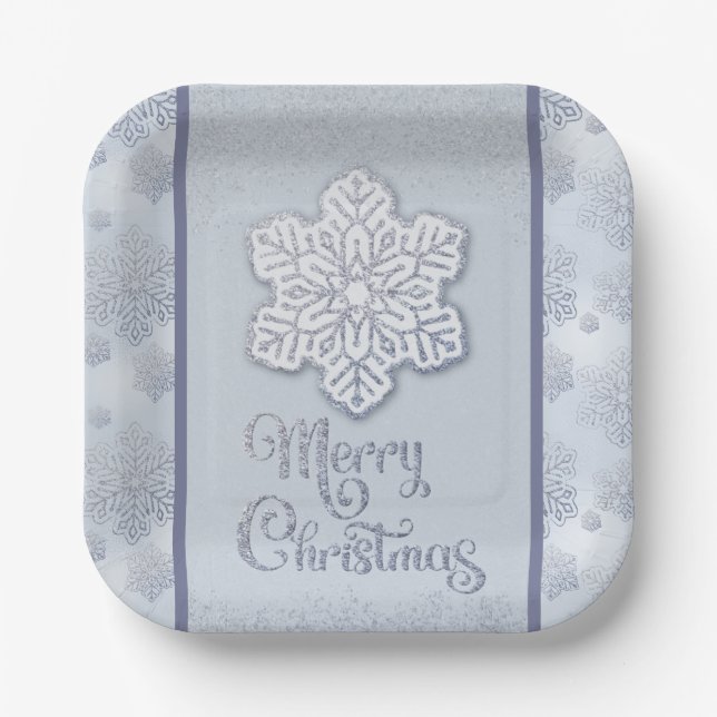 Frohe Weihnachtsschneeflocken Silberner Glitzer Pappteller (Vorderseite)