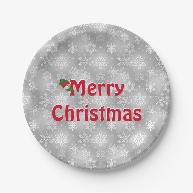 Frohe Weihnachtsschneeflocken und Schneemann Pappteller (Vorderseite)