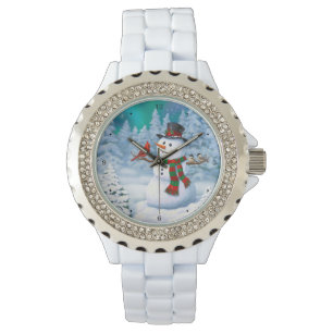 Frohe Weihnachtsschneemann & Birds Winterlandschaf Armbanduhr