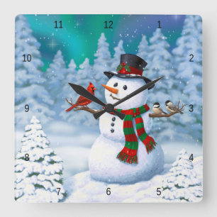 Frohe Weihnachtsschneemann & Birds Winterlandschaf Quadratische Wanduhr