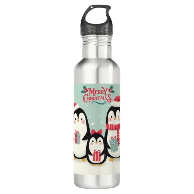 Frohe Weihnachtsschneepinguine Edelstahlflasche (Vorderseite)