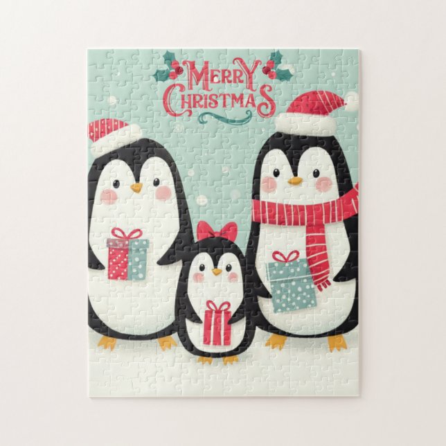 Frohe Weihnachtsschneepinguine Puzzle (Vertikal)