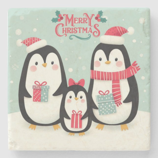 Frohe Weihnachtsschneepinguine Steinuntersetzer (Vorderseite)