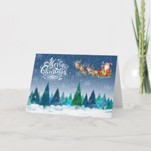 Frohe Weihnachtsschneewälder und Santa in Sleigh Feiertagskarte