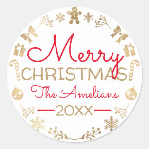 Frohe Weihnachtsschrei Gold Red Name Hütte White Runder Aufkleber