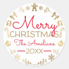 Frohe Weihnachtsschreie Gold Roter Name Hütte Weiß Runder Aufkleber