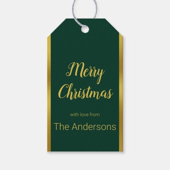 Frohe Weihnachtsschrift Dunkelgrün & Gold Ihr Name Geschenkanhänger (Vorderseite)
