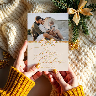 Frohe Weihnachtsschrift Elegant Bow & Ribbon Foto Feiertagskarte