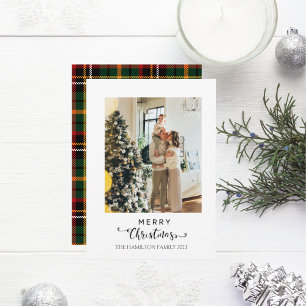 Frohe Weihnachtsschrift Grün Gelb Kariertes Foto Feiertagskarte