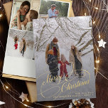 Frohe Weihnachtsschrift Multi-Foto-Familie Gruß Feiertagskarte<br><div class="desc">Elegante Imitate Gold-Skript überlagern 5 benutzerdefinierte Foto Collage Familienname und Text personalisiert Weihnachts Grüße Weihnachtskarte.</div>