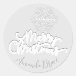Frohe Weihnachtsschrift Name Gray Snowflakes White Runder Aufkleber