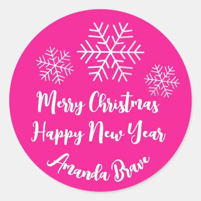 Frohe Weihnachtsschrift Name Snowflake Bright Pink Runder Aufkleber (Vorderseite)