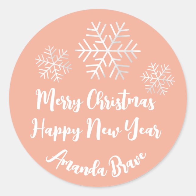 Frohe Weihnachtsschrift Name Snowflake Gray Peach Runder Aufkleber (Vorderseite)