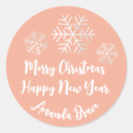Frohe Weihnachtsschrift Name Snowflake Gray Peach Runder Aufkleber