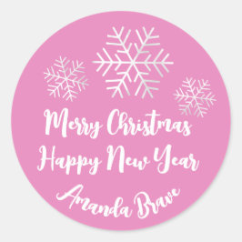 Frohe Weihnachtsschrift Name Snowflake White Pink Runder Aufkleber