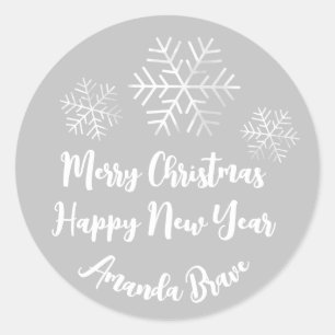 Frohe Weihnachtsschrift Name Snowflakes White Gray Runder Aufkleber
