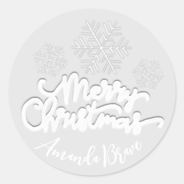 Frohe Weihnachtsschrift Name Snowflakes White Gray Runder Aufkleber (Vorderseite)