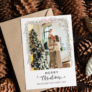 Frohe Weihnachtsschrift Pink Bow Foto Feiertagskarte