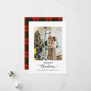 Frohe Weihnachtsschrift Red Kariert Tartan Foto Feiertagskarte