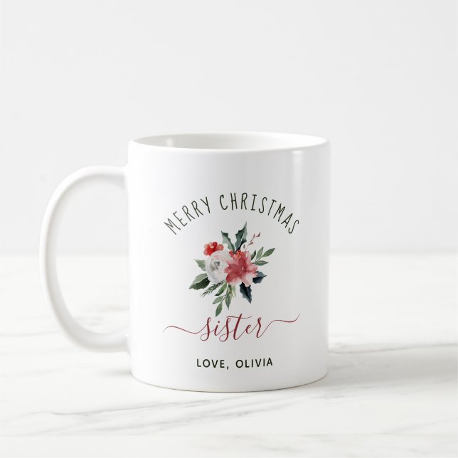 Frohe WeihnachtsSchwester | Hübsche Aquarellblume Kaffeetasse (Links)