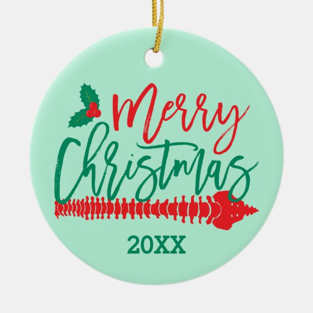 Frohe Weihnachtsspine Holly Chiropractic Keramik Ornament (Vorne)