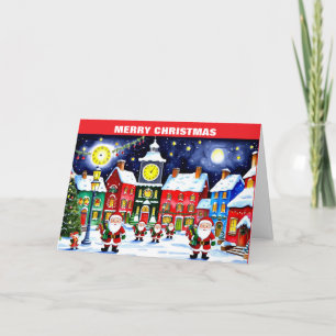 Frohe Weihnachtsstadt mit dem Weihnachtsmann Feiertagskarte