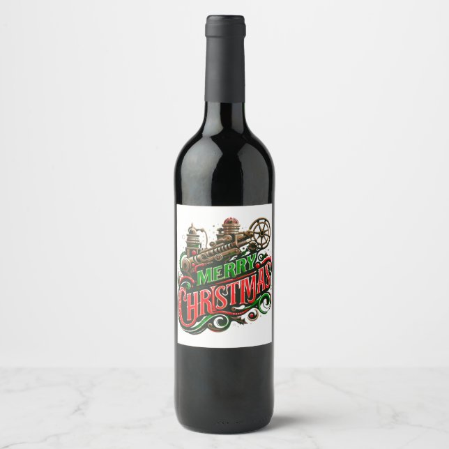 Frohe Weihnachtsstampunk Weinetikett (Vorderseite)