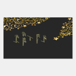 Frohe Weihnachtsstars Black Gold Shiny Chic Name Rechteckiger Aufkleber
