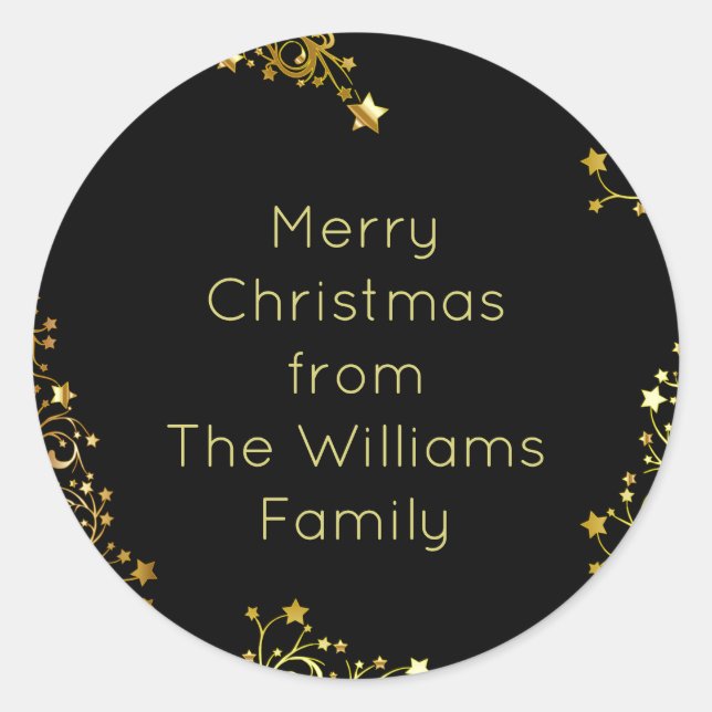 Frohe Weihnachtsstars Black Gold Shiny Chic Name Runder Aufkleber (Vorderseite)