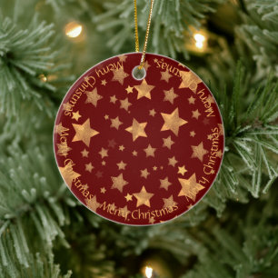 Frohe Weihnachtsstars Gold Rot Elegant Vintag Keramik Ornament