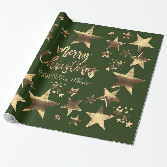 Frohe Weihnachtsstars Green Gold Elegantes Skript Geschenkpapier (Ungerollt)