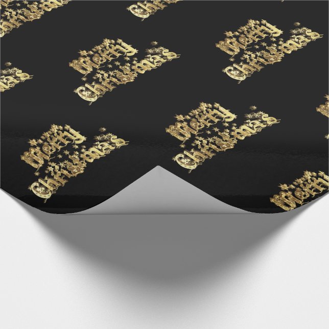 Frohe Weihnachtsstars Typografie Black Gold Chic Geschenkpapier (Ecke)