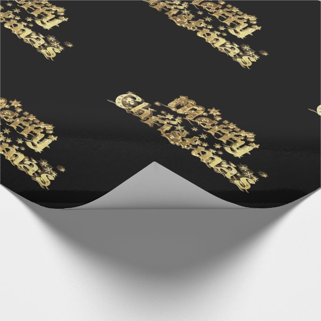 Frohe Weihnachtsstars Typografie Black Gold Chic Geschenkpapier (Ecke)