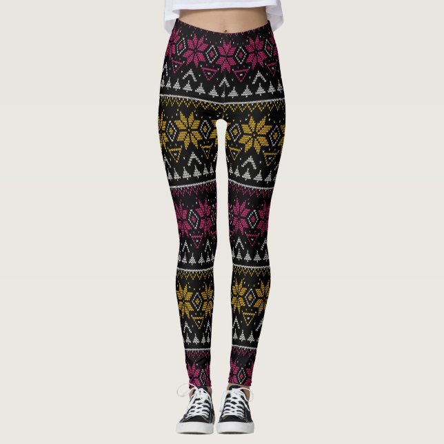 Frohe Weihnachtsstickerei Kreuzstich hässlich Schw Leggings (Vorderseite)