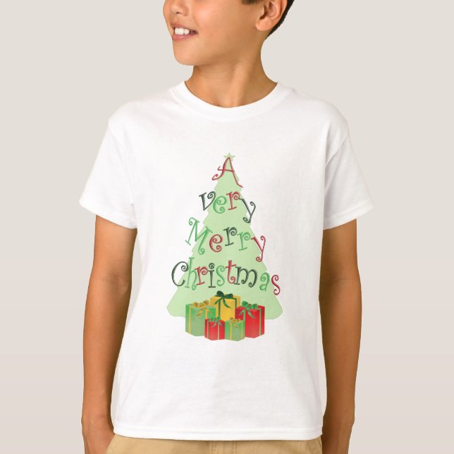 Frohe Weihnachtstext mit Bäumen und Geschenke T -  T-Shirt (Vorderseite)