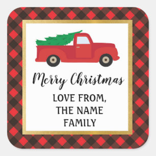 Frohe Weihnachtsticker Labels Red Kariert Truck Quadratischer Aufkleber