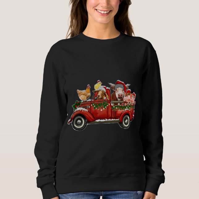 Frohe Weihnachtstiere Farm Santa Red Truck Light Sweatshirt (Vorderseite)