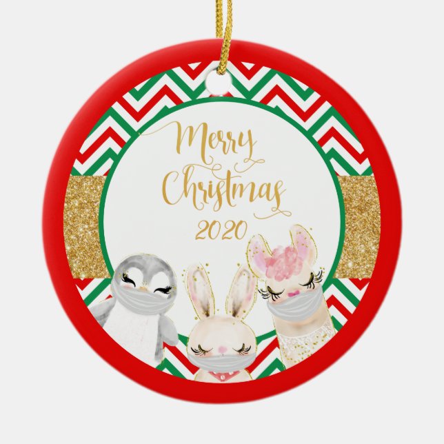 Frohe Weihnachtstiere Gesicht Masken 2020 Lamas Keramik Ornament (Vorne)