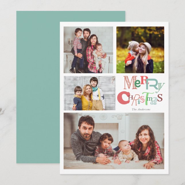 Frohe Weihnachtstypografie 4 Foto Collage Niedlich Einladung (Vorne/Hinten)