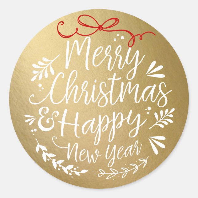 Frohe Weihnachtstypografie auf Imitate Gold Foil Runder Aufkleber (Vorderseite)