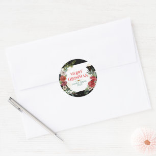 Frohe Weihnachtstypografie & Blumenreath-Untersetz Runder Aufkleber