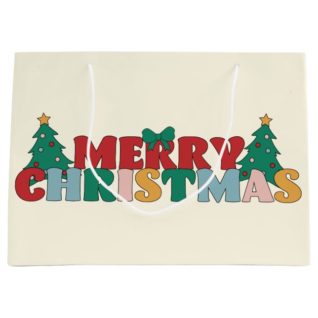 Frohe Weihnachtstypografie dekoriert Pine Tree Große Geschenktüte (Vorderseite)